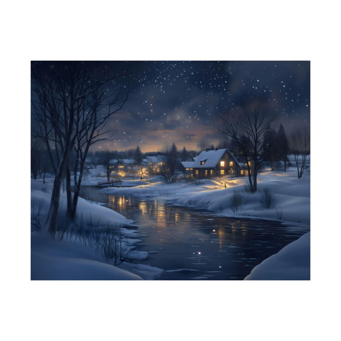 Starry Winter Night Over Village By The River With Warm Window Lights Poster - Image 3