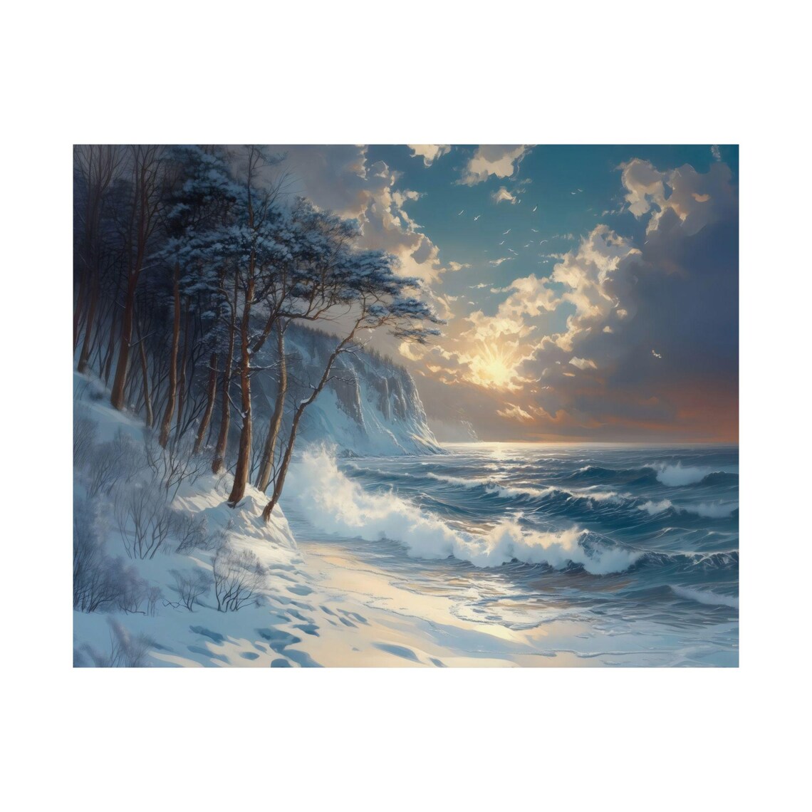 Winter Waves Crashing On Snowy Shore Beside Icy Cliffs At Sunset Poster - Image 3