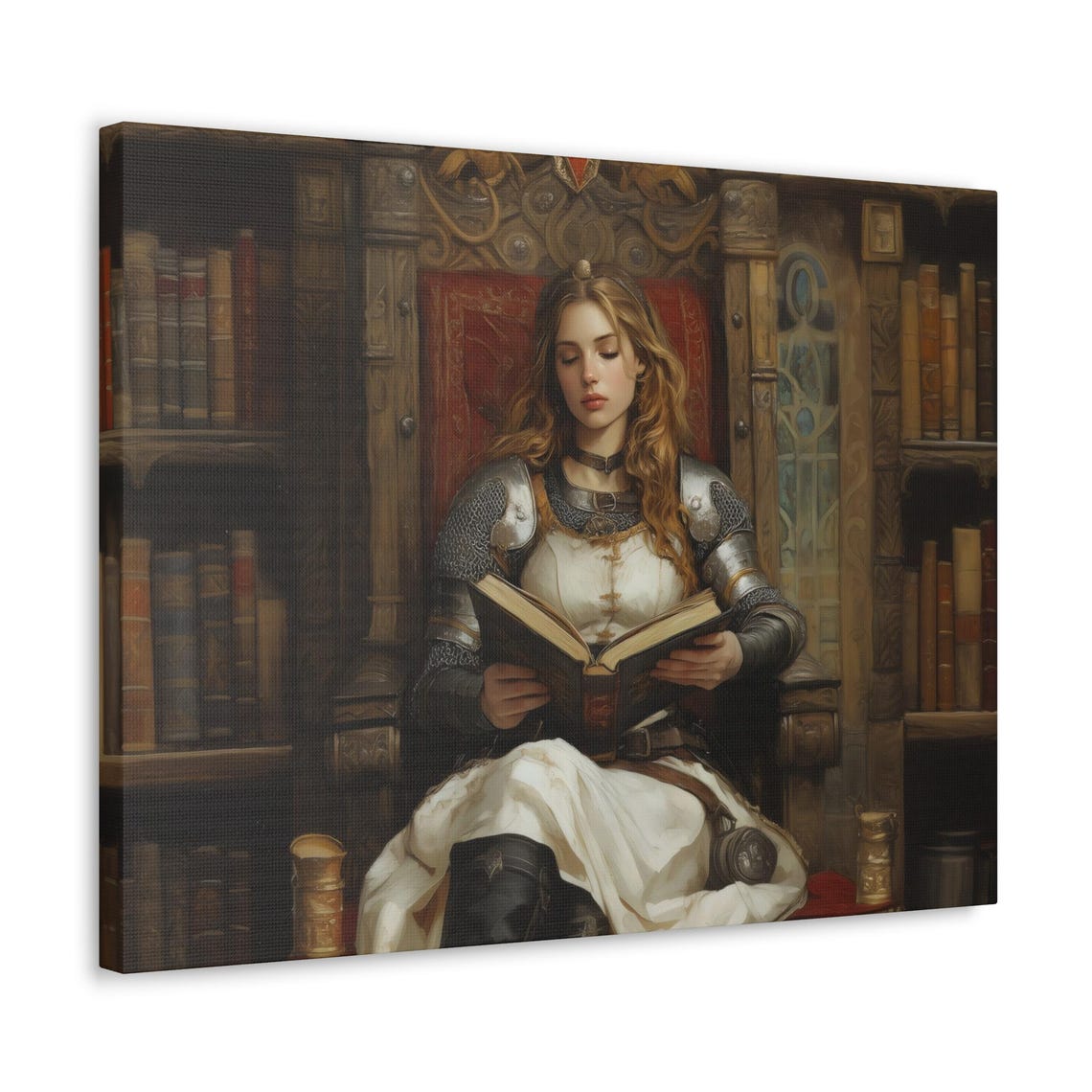 Female Knight Reading Book In A Grand Library Dark Academia Poster - Image 3