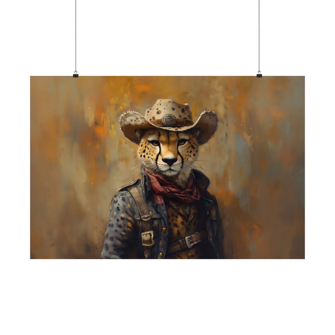 Cheetah Cowboy Sheriff Oil Painting Warm Brown Western Wildlife Poster - Image 3