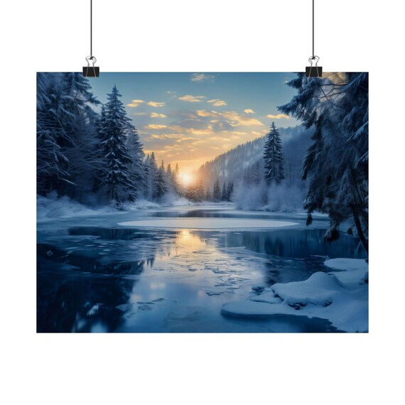 Frozen Lake At Sunrise With Snowy Pines And Mountain Reflections Wall Art