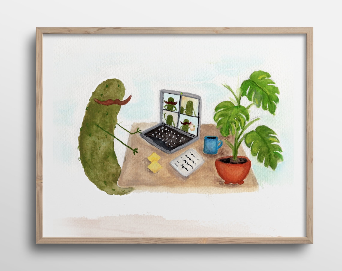 Whimsical Pickle Working From Home Zoom Call Art Print