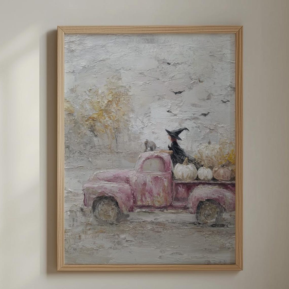 Pink Vintage Truck Pumpkins Witch Halloween Impasto Painting Poster