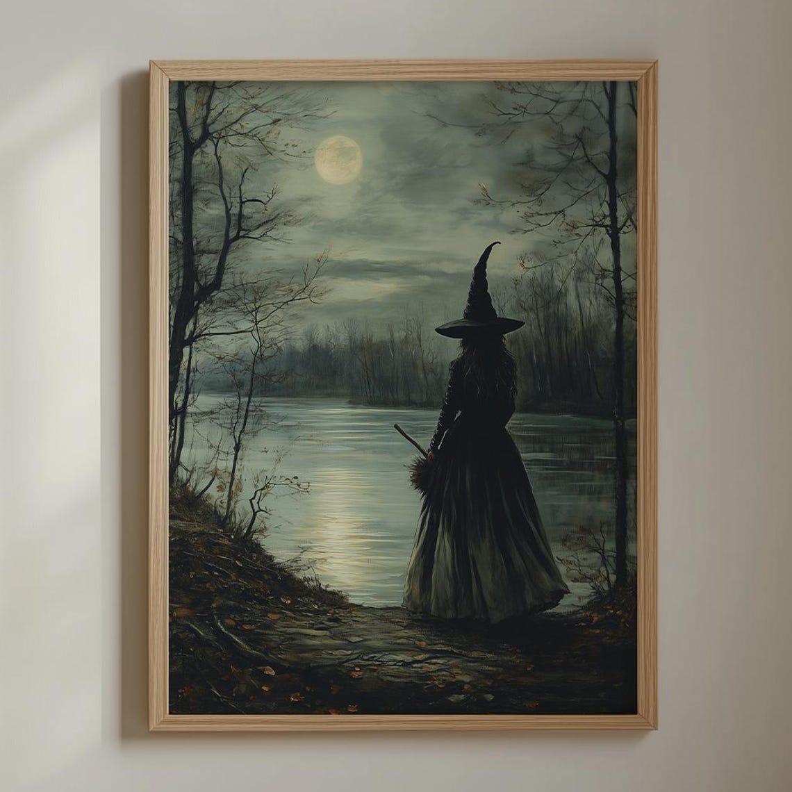 Witch Silhouette By Moonlit River Vintage Halloween Gothic Poster