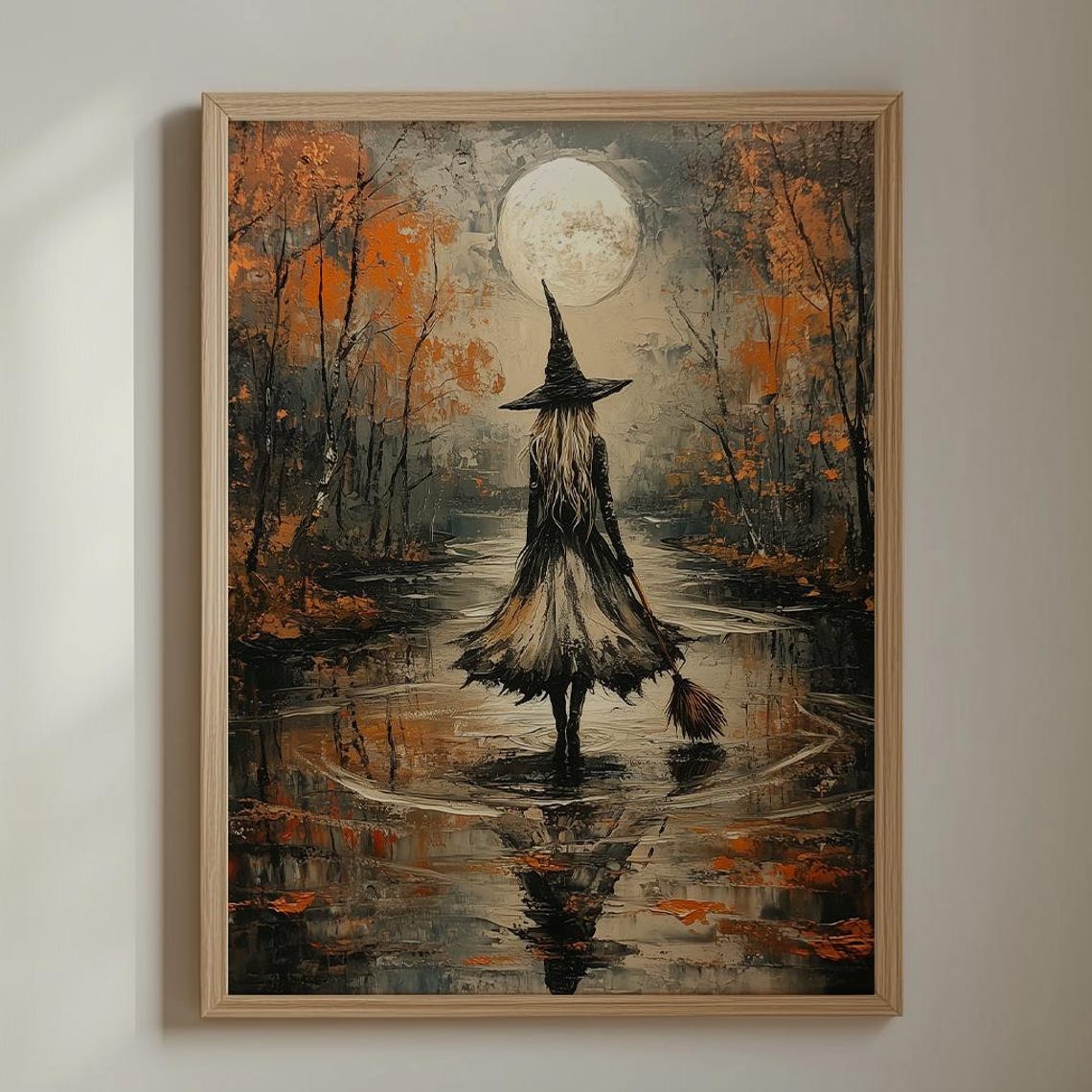 Autumn Witch Oil Painting Moonlit River Reflection