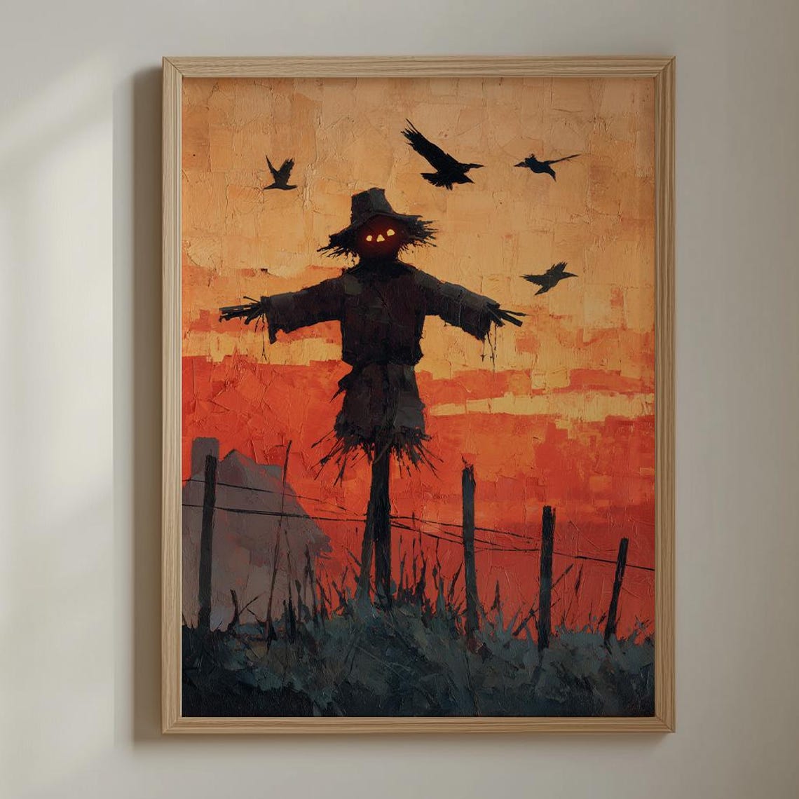 Rustic Scarecrow Sunset Moody Autumn Landscape Spooky Poster