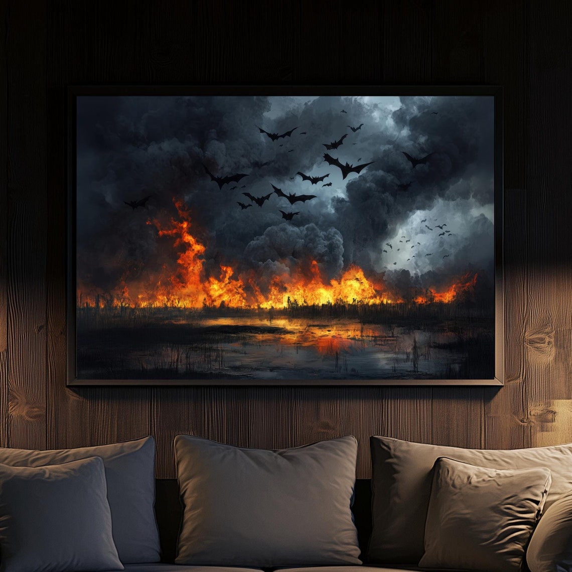 Dramatic Bats Over Burning Marsh Under Stormy Night Sky Poster