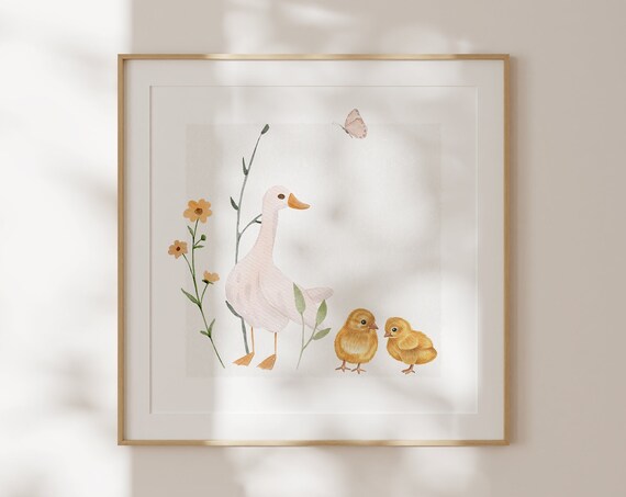 White Duck and Chicks Minimalist Watercolor Neutral Nursery Poster
