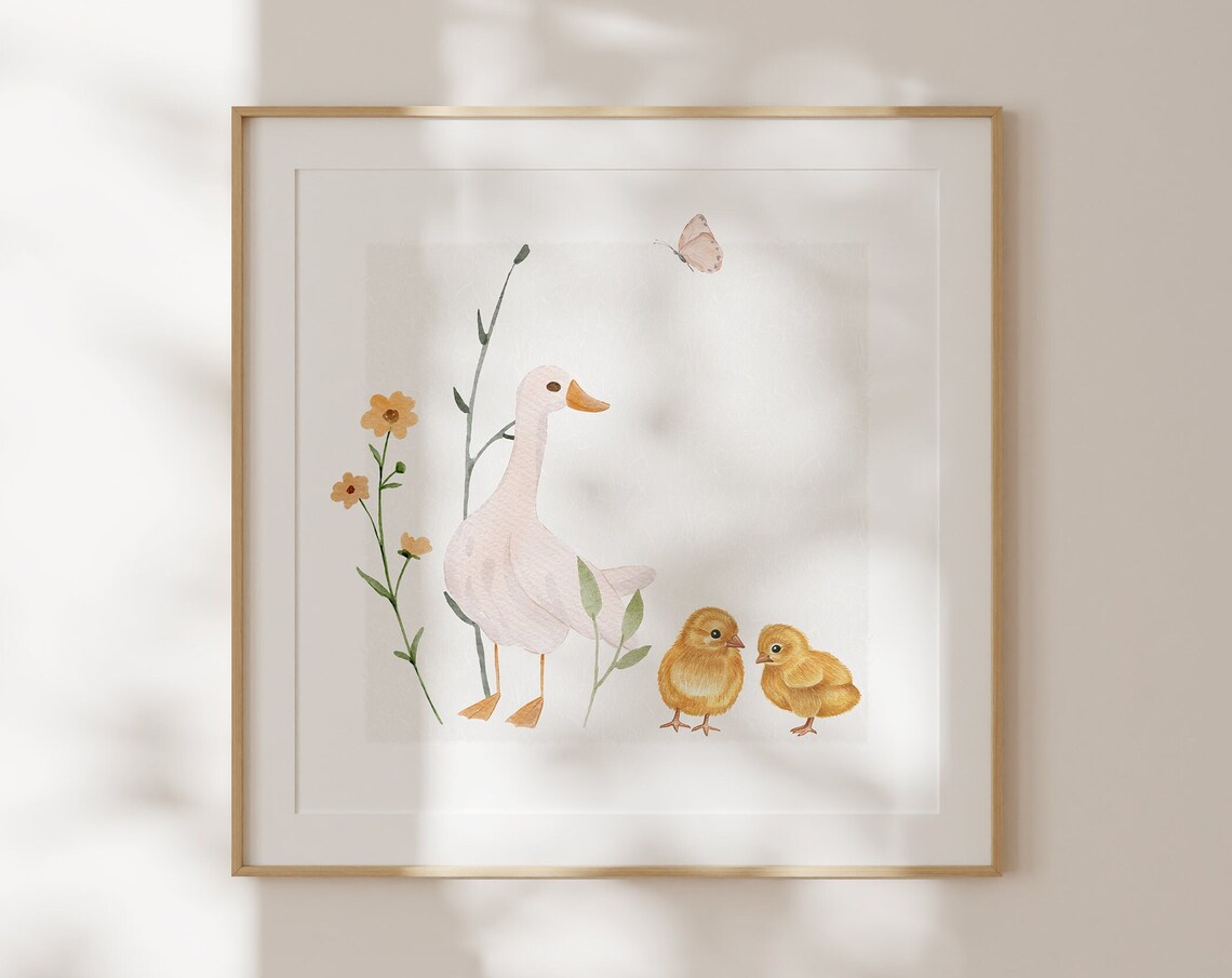 White Duck and Chicks Minimalist Watercolor Neutral Nursery Poster