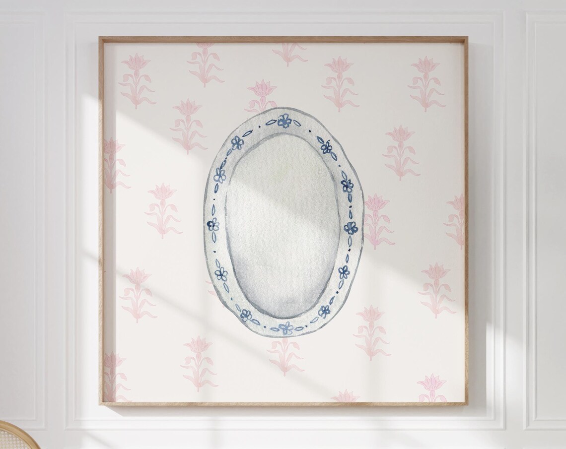 Blue Porcelain Plate With Pink Floral Wallpaper Kitchen Poster