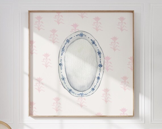 Blue Porcelain Plate With Pink Floral Wallpaper Kitchen Poster