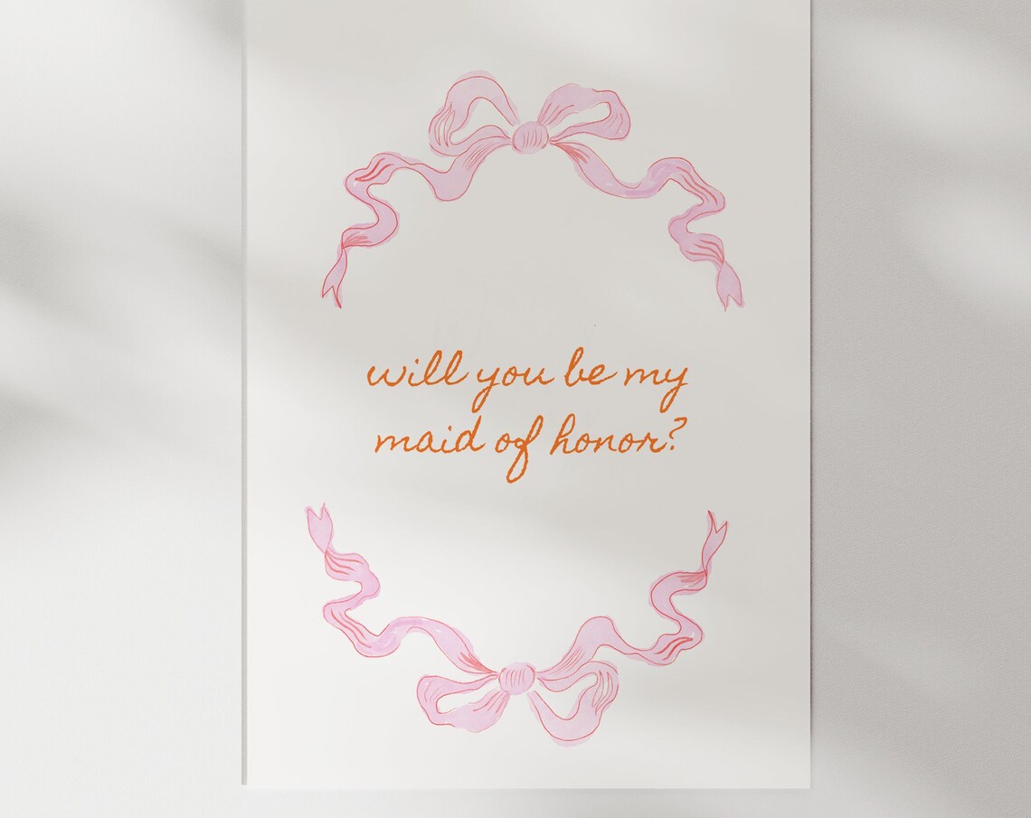 Will You Be My Maid of Honor Pink Ribbon Bow Wedding Card Poster