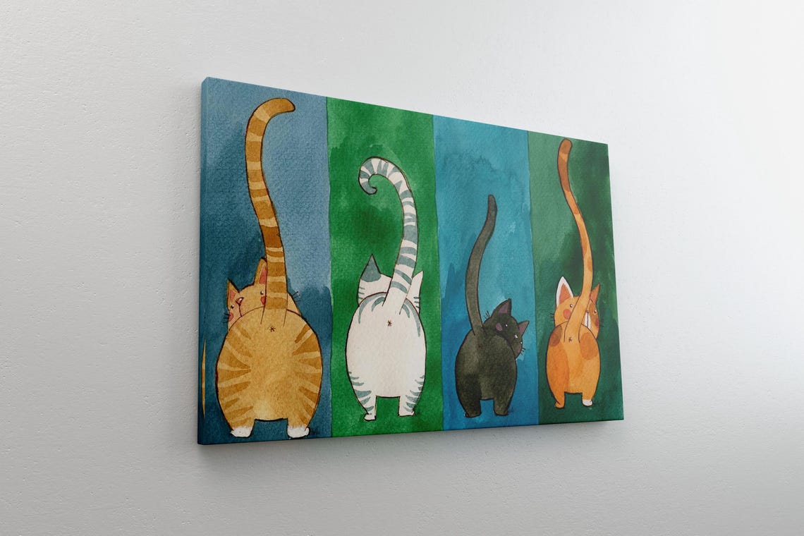Four Cats From Behind With Tails Up Watercolor Funny Cat Art Poster - Image 4
