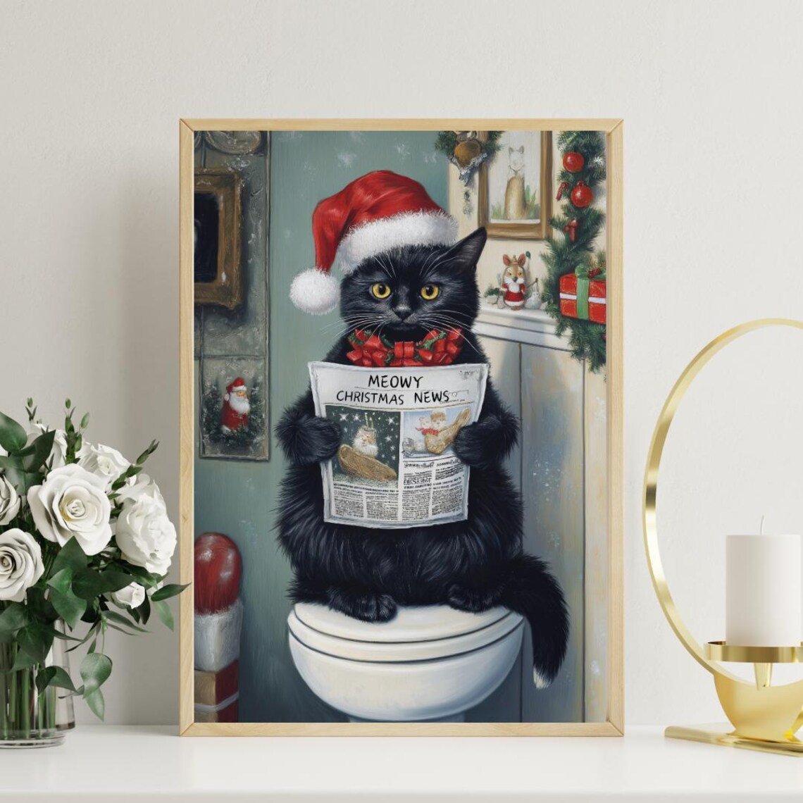 Meowy Christmas News Black Cat Santa Funny Holiday Scene Poster
