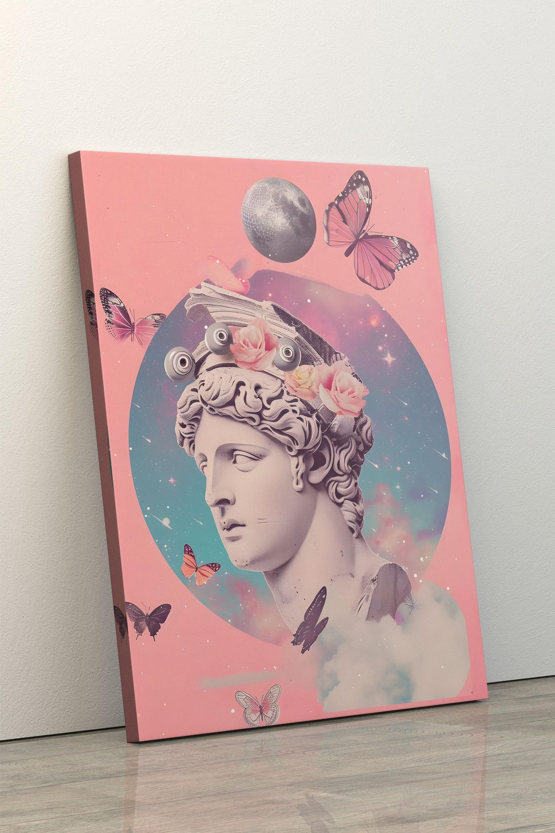 Greek Statue Bust With Butterflies And Moon Pink Pop Collage Poster - Image 2