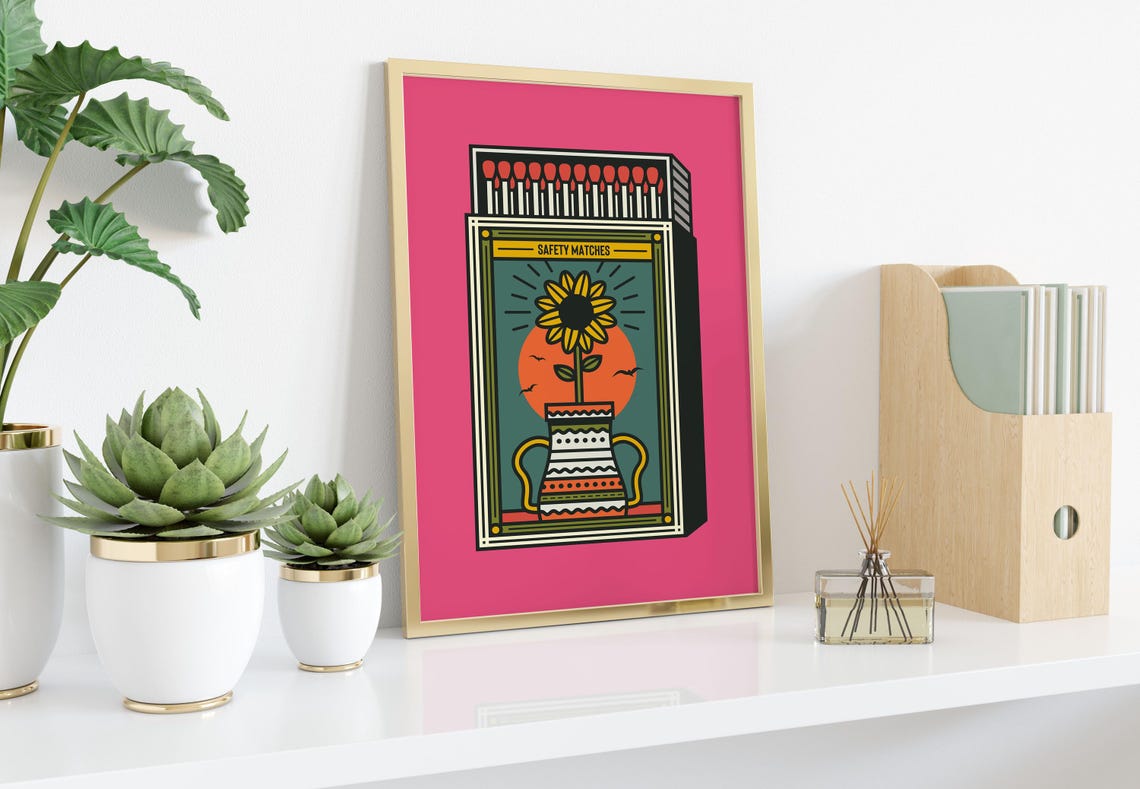 Retro Pink Sunflower Safety Matches Matchbox Label Art Poster - Image 2