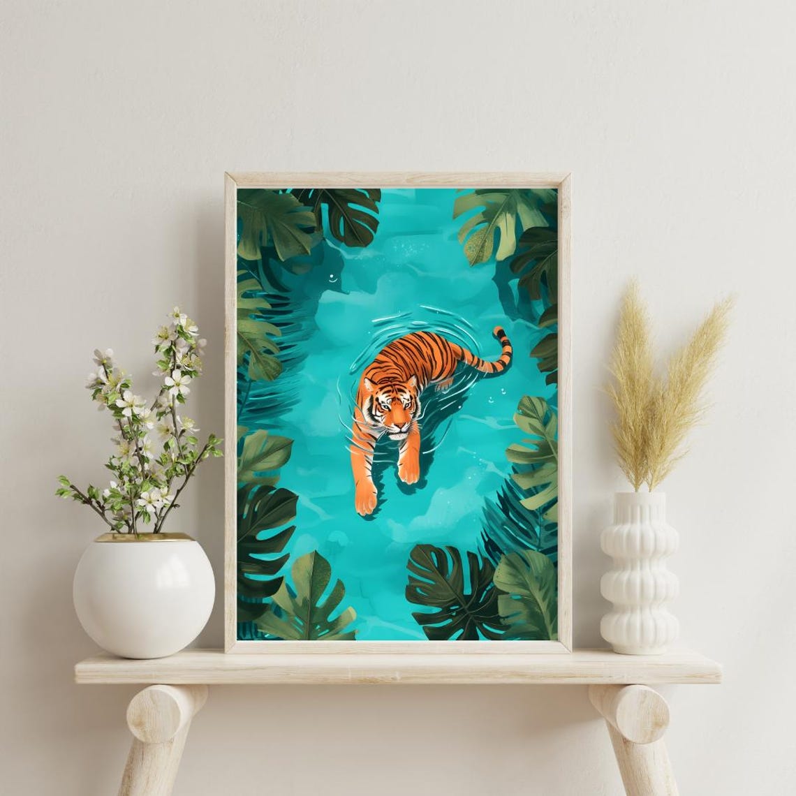 Swimming Tiger Turquoise Water Tropical Jungle Aerial View Poster - Image 4