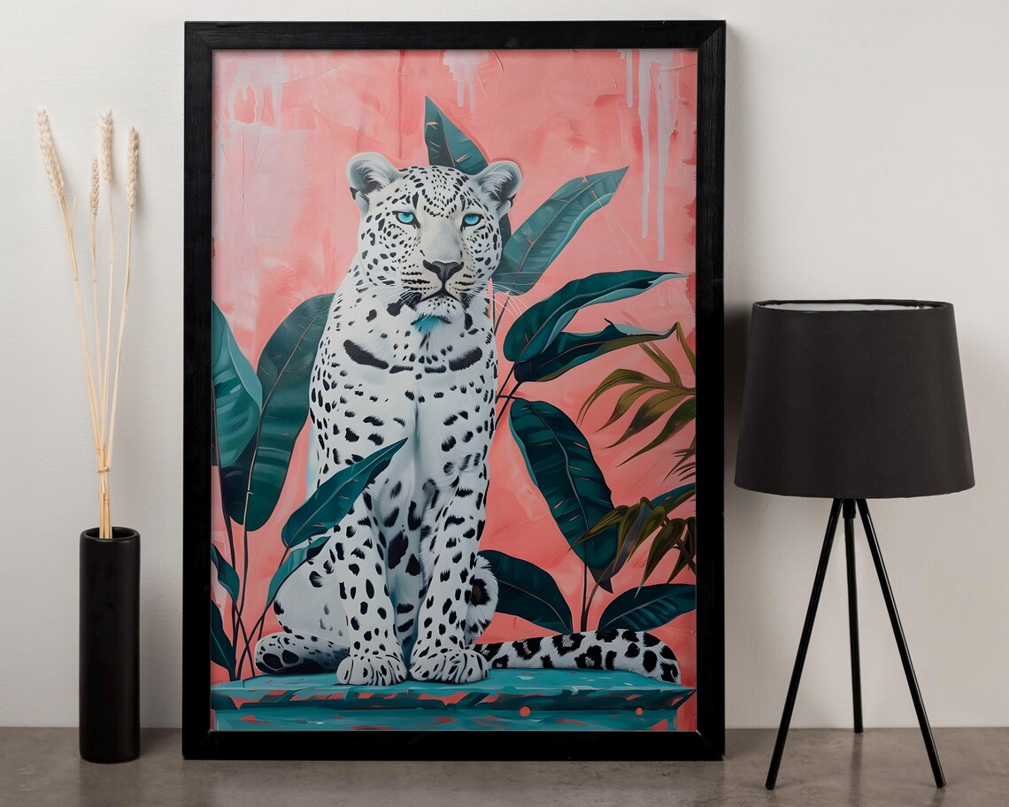 White Snow Leopard Among Tropical Leaves On Coral Pink Background Poster - Image 2