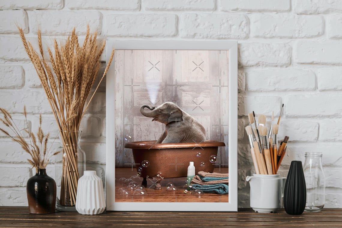 Baby Elephant In Vintage Copper Bathtub With Bubbles Funny Art Poster - Image 4