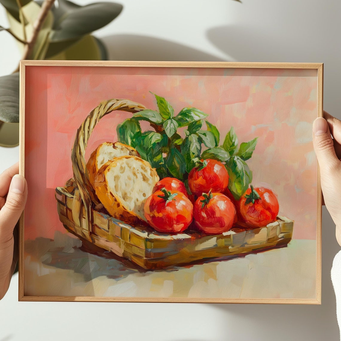 Tomato Basil Bread Basket Mediterranean Still Life Kitchen Print - Image 2