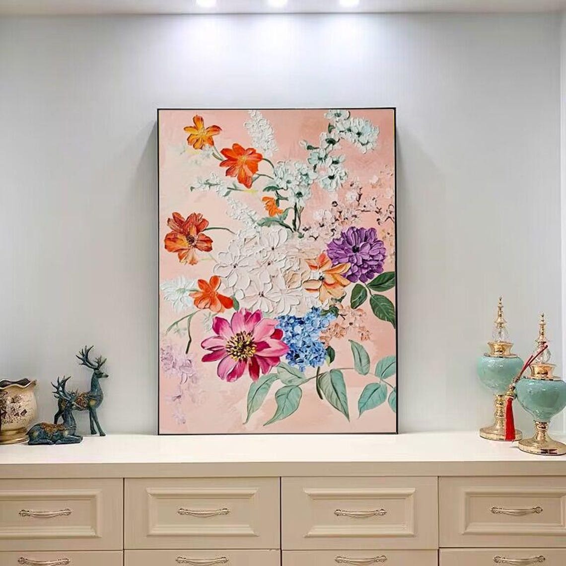 Soft Pastel Floral Bouquet Blooming on Blush Pink Vertical Wall Art - Image 4