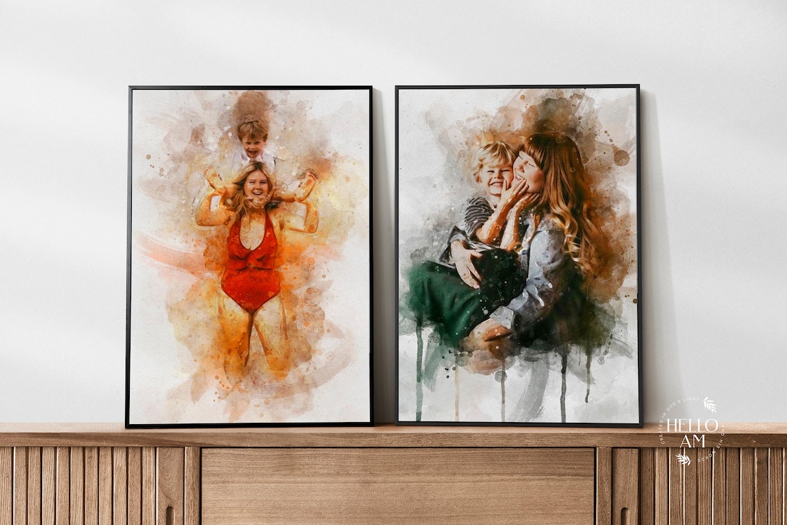 Custom Watercolor Mother Holding Child Autumn Portrait Painting Poster - Image 3
