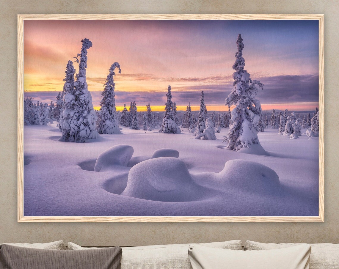 Finland Winter Wonderland Snowy Spruces Colorful Sunset Sky Poster