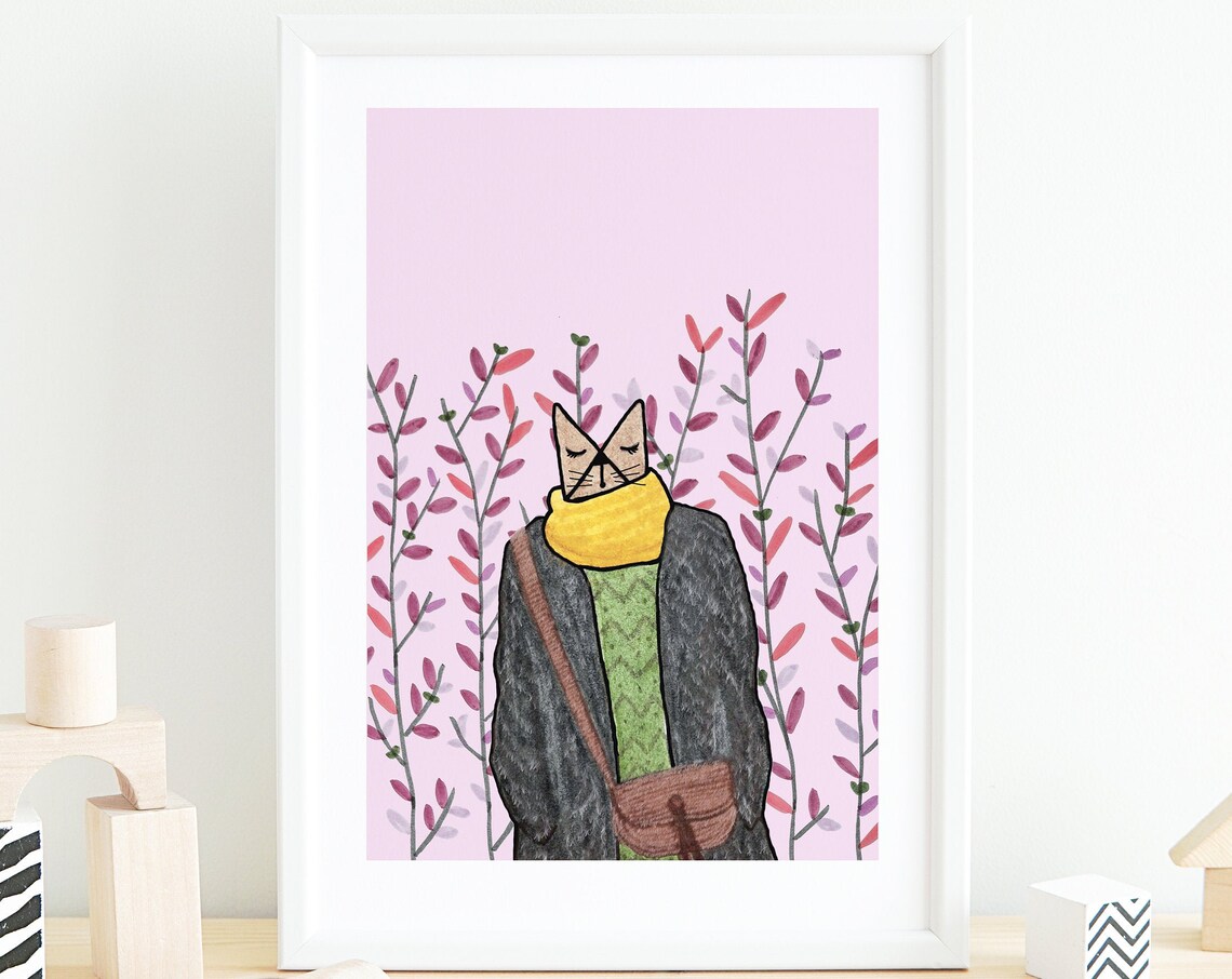 Cat And Plant, Botanical Boho Nursery Decor