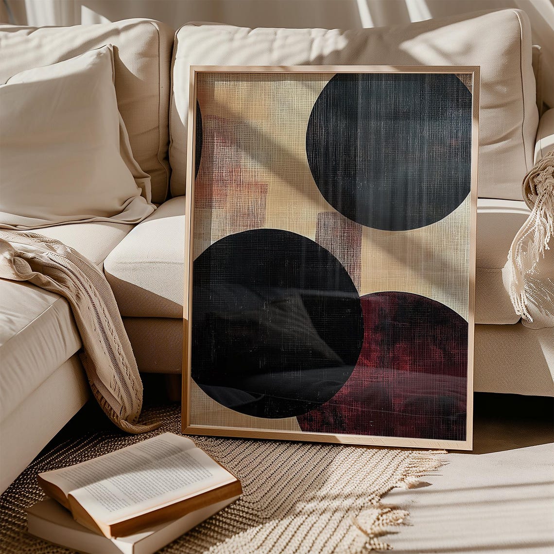 Bold Black and Red Circles on Textured Beige Modern Art Poster - Image 3