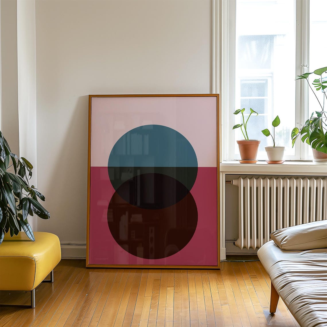 Overlapping Teal Brown Circles Pink Sunset Abstract Art Poster - Image 3