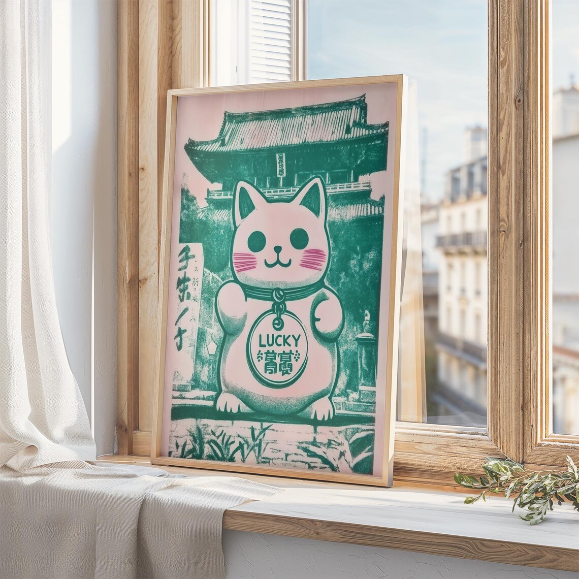 Lucky Cat Maneki Neko Pink Green Japanese Temple Fortune Poster - Image 3