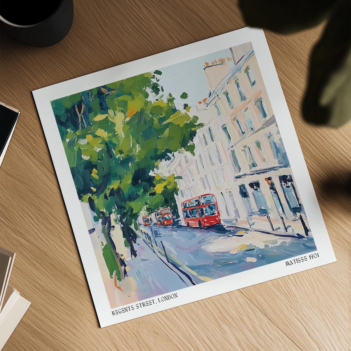 London Wall Art Regent Street With Red Double Decker Buses And Trees Painterly British City Print Inspired By Matisse - Image 2