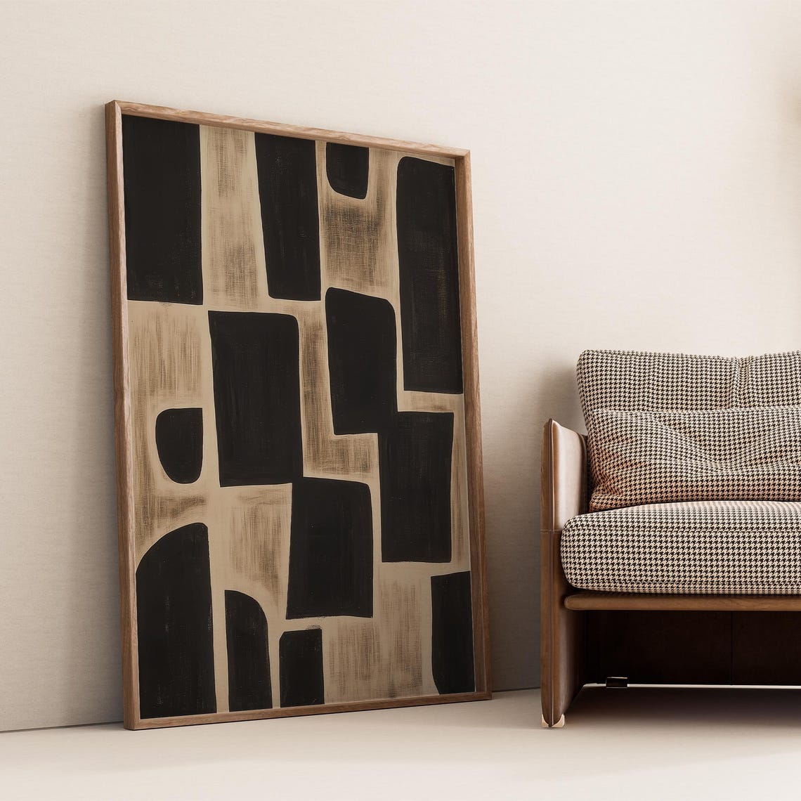Black Rectangles Beige Mosaic Modern Hand Painted Art Poster - Image 4
