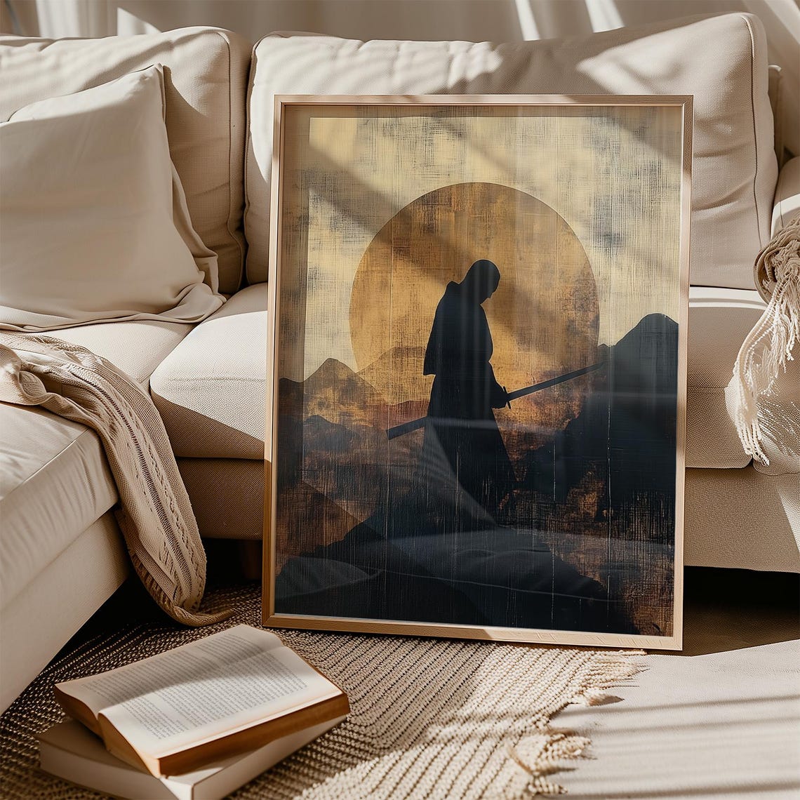 Samurai Silhouette Golden Sun Mountains Japanese Art Style Poster - Image 2