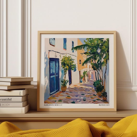 Morocco Wall Art Colorful Marrakech Alleyway With Blue Doors And Tropical Greenery Painterly Travel Print Inspired By Matisse
