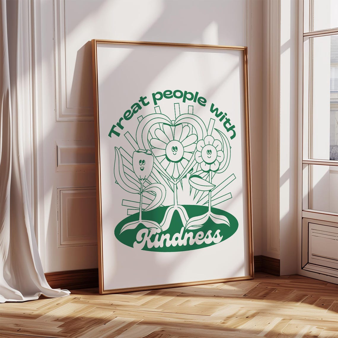 Treat People With Kindness Inspirational Green Flower Line Art Poster