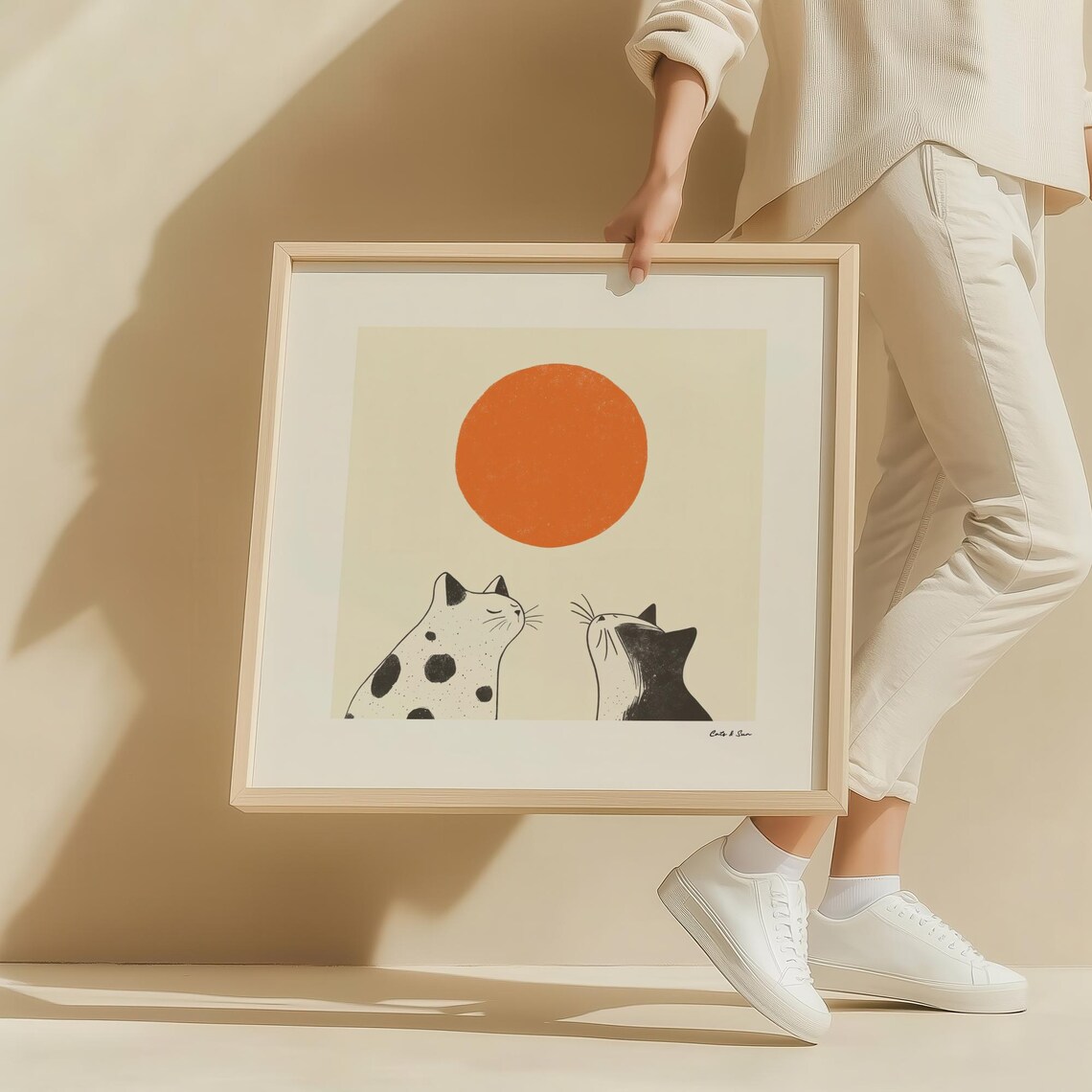 Two Sweet Cats Gazing Up at a Big Red Sun Minimalist Japanese Poster