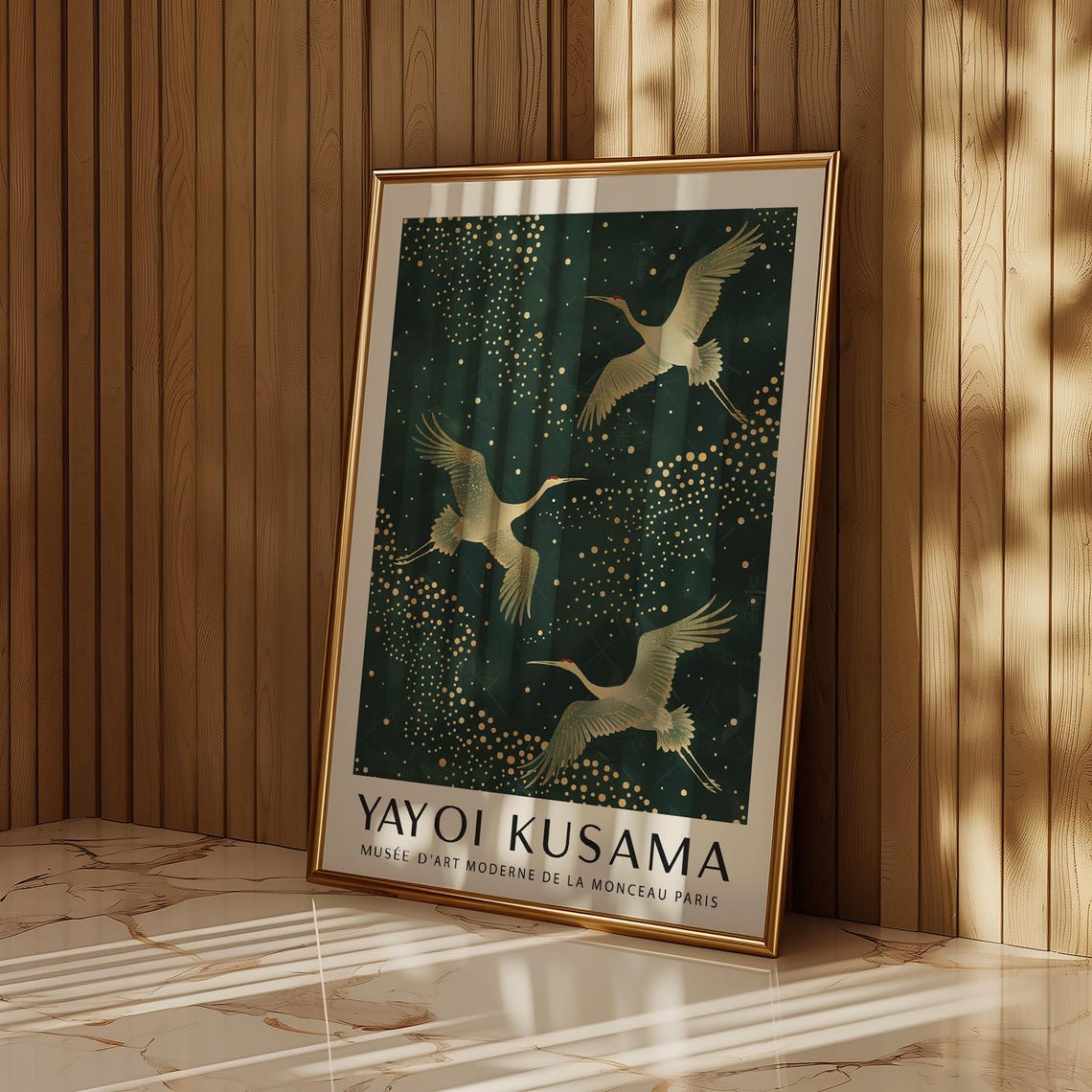Yayoi Kusama Golden Cranes Emerald Night Japanese Style Poster - Image 2