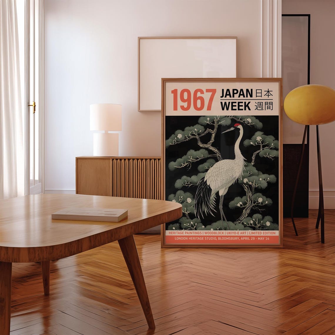 1967 Japan Week White Crane Pine Tree Ukiyo E Style Art Poster - Image 2