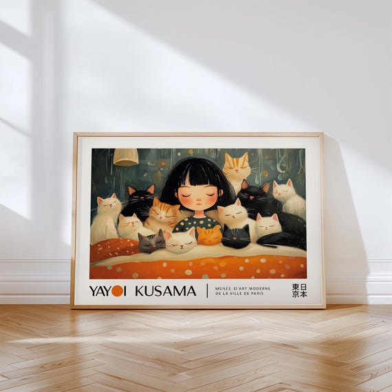 Kusama Cats And Girl Sleeping Poster Horizontal Wall Art For Bedroom Yayoi Kusama Cute Print For Girls Room Or Nursery Room Picture