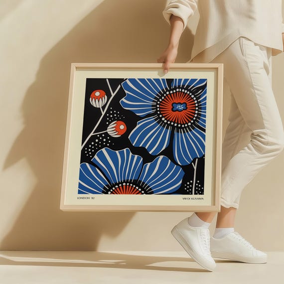 Bold Floral Wall Art Striking Blue And Orange Abstract Artwork For Living Room Bedroom Or Office Decor Contemporary Flower Print Square