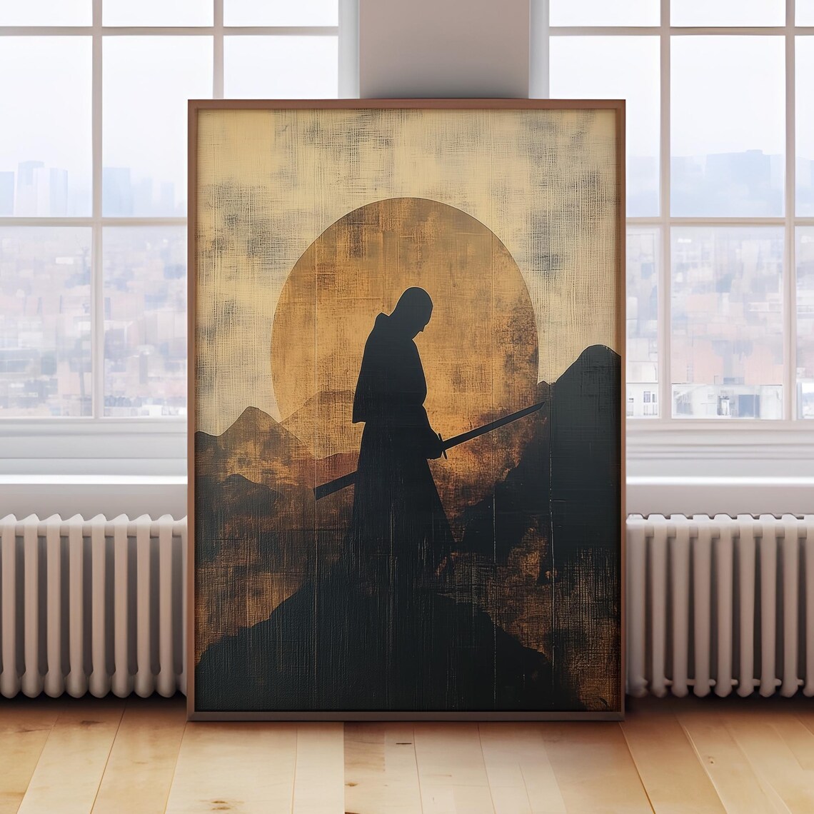 Samurai Silhouette Golden Sun Mountains Japanese Art Style Poster - Image 3