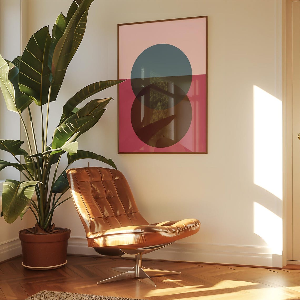 Overlapping Teal Brown Circles Pink Sunset Abstract Art Poster - Image 2