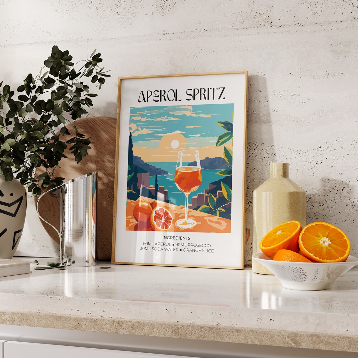 Aperol Spritz Cocktail Recipe Retro Italian Coastal Bar Art Print - Image 2