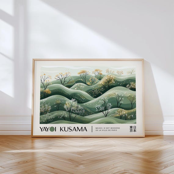 Rolling Green Hills Landscape Poster Horizontal Nature Wall Art Yayoi Kusama Inspired Print For Living Room Green White Gold Bedroom Decor