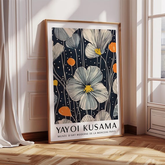 Large Flower Wall Art Bold Floral Print With Cream Orange Petals On Navy Blue Modern Botanical Poster For Home Decor Yayoi Kusama Inspired