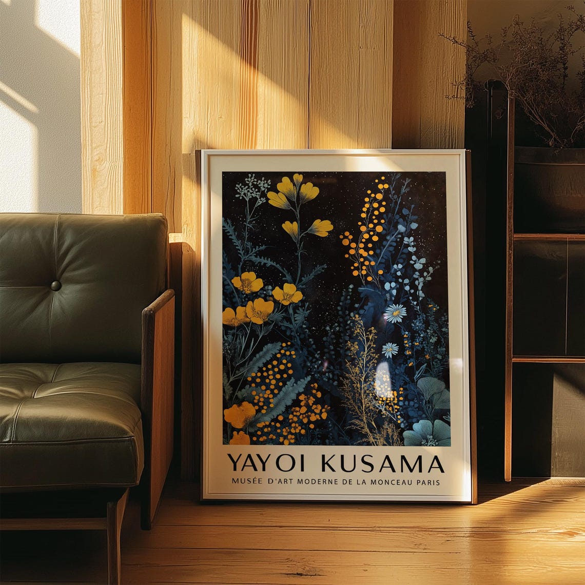 Kusama Museum Inspired Print With Vibrant Orange And Blue Floral Forms Bold Dot Textures And A Moody Modern Backdrop For Dramatic Spaces - Image 2