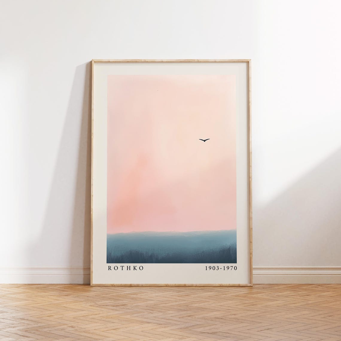Pink And Blue Wall Art Rothko Inspired Horizon Print With Bird Silhouette Minimalist Sky And Ocean Poster For Serene Interiors