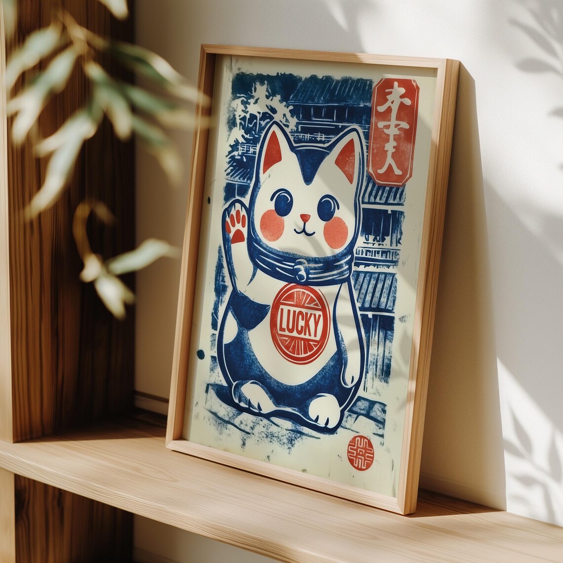 Lucky Cat Maneki Neko Japanese Woodblock Style Blue Art Poster - Image 3
