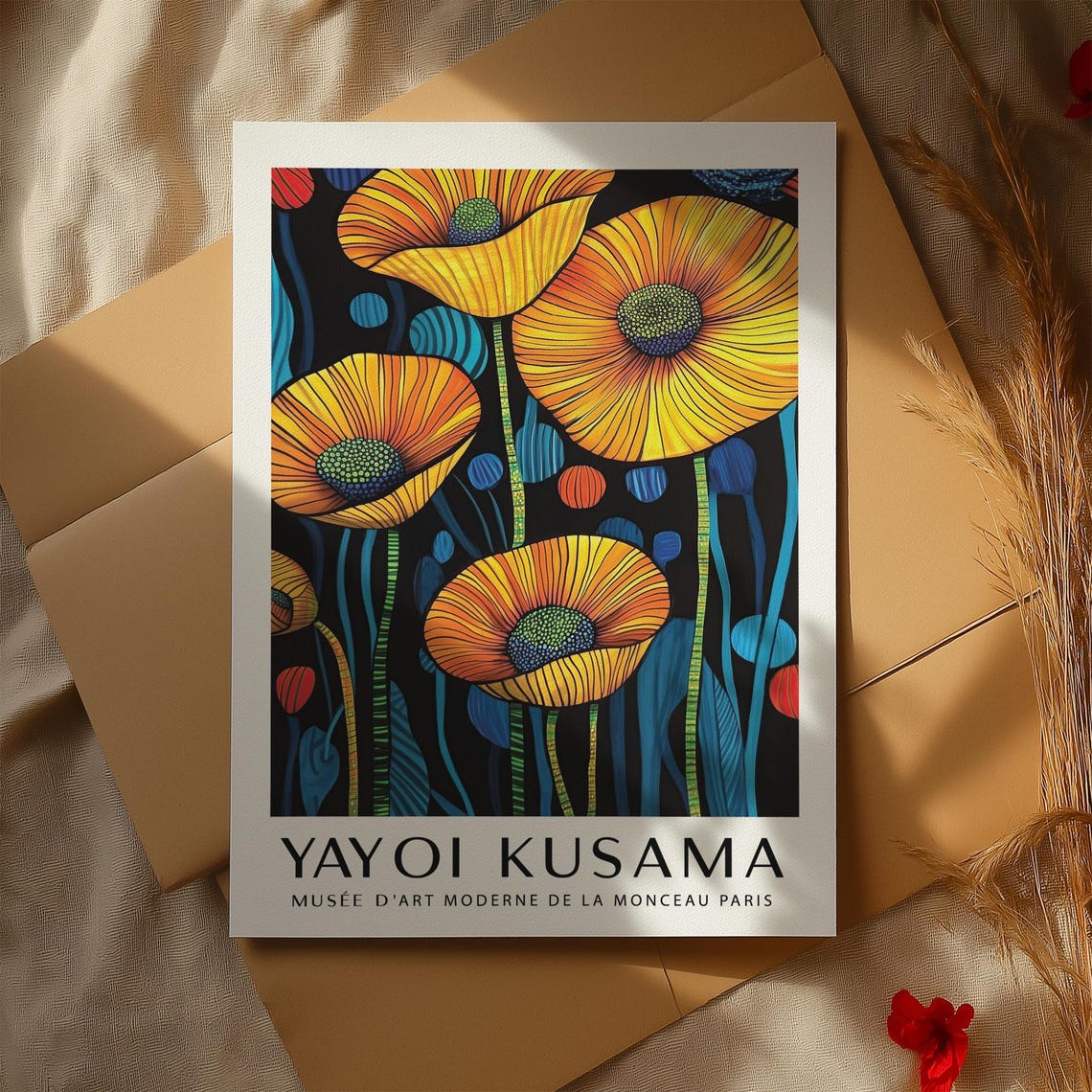 Art Of Poppies Bold Yellow And Orange Flower Print With Blue Accents Modern Floral Wall Art Inspired By Yayoi Kusama Print Japandi Decor - Image 2